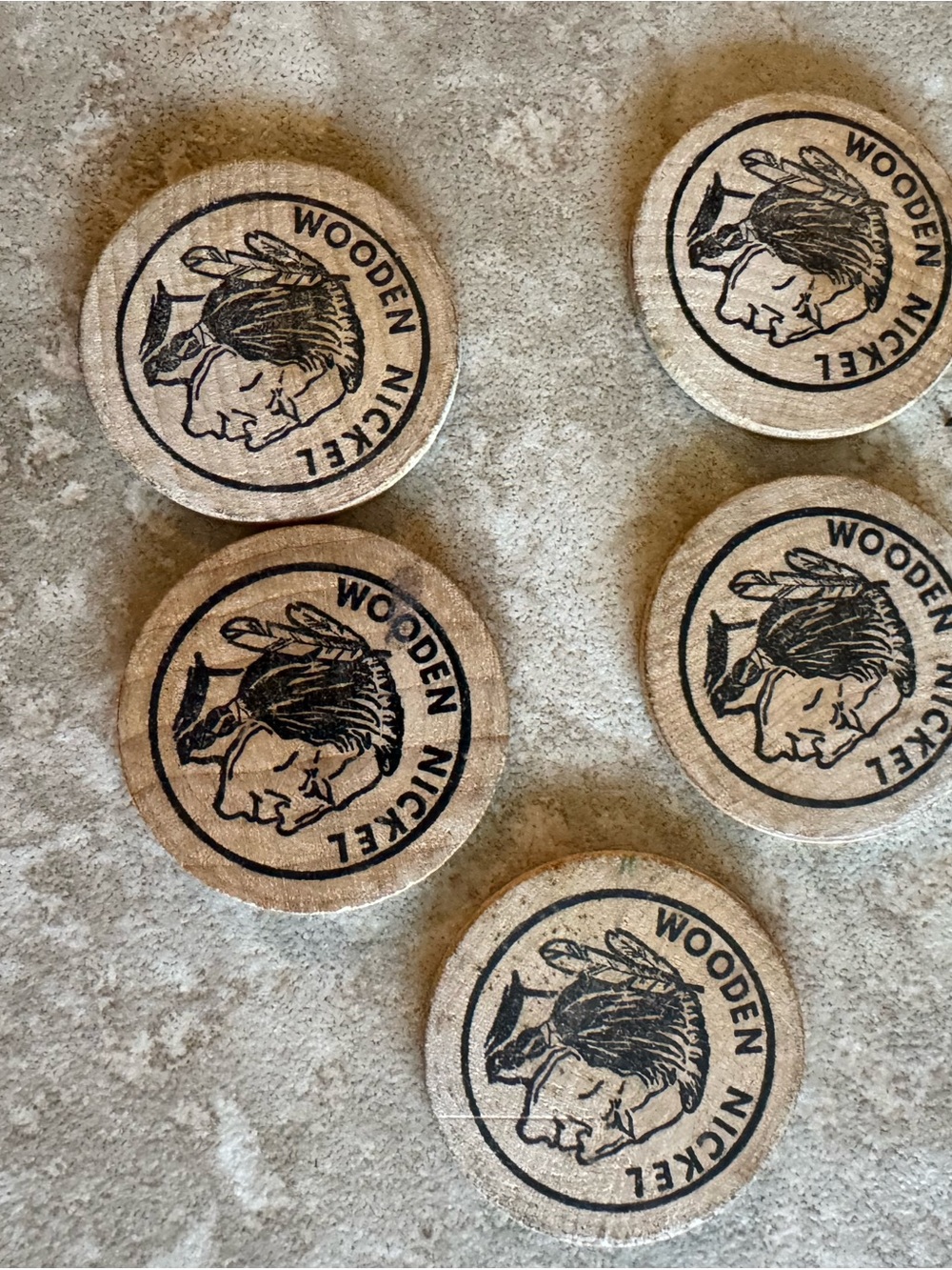 Lot of 5 Salamonie Summer Festival vintage wood nickels.
